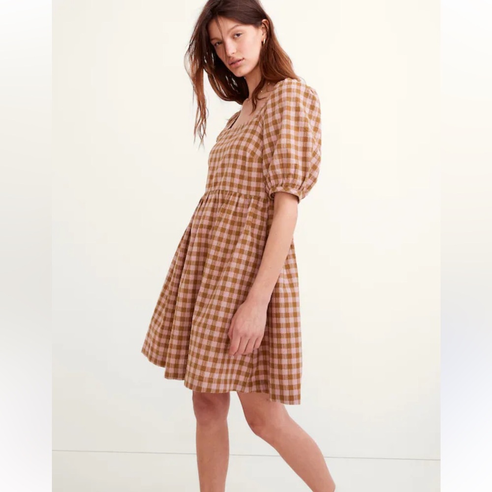 Madewell Square-Neck Puff-Sleeve Dress in Gingham Seersucker